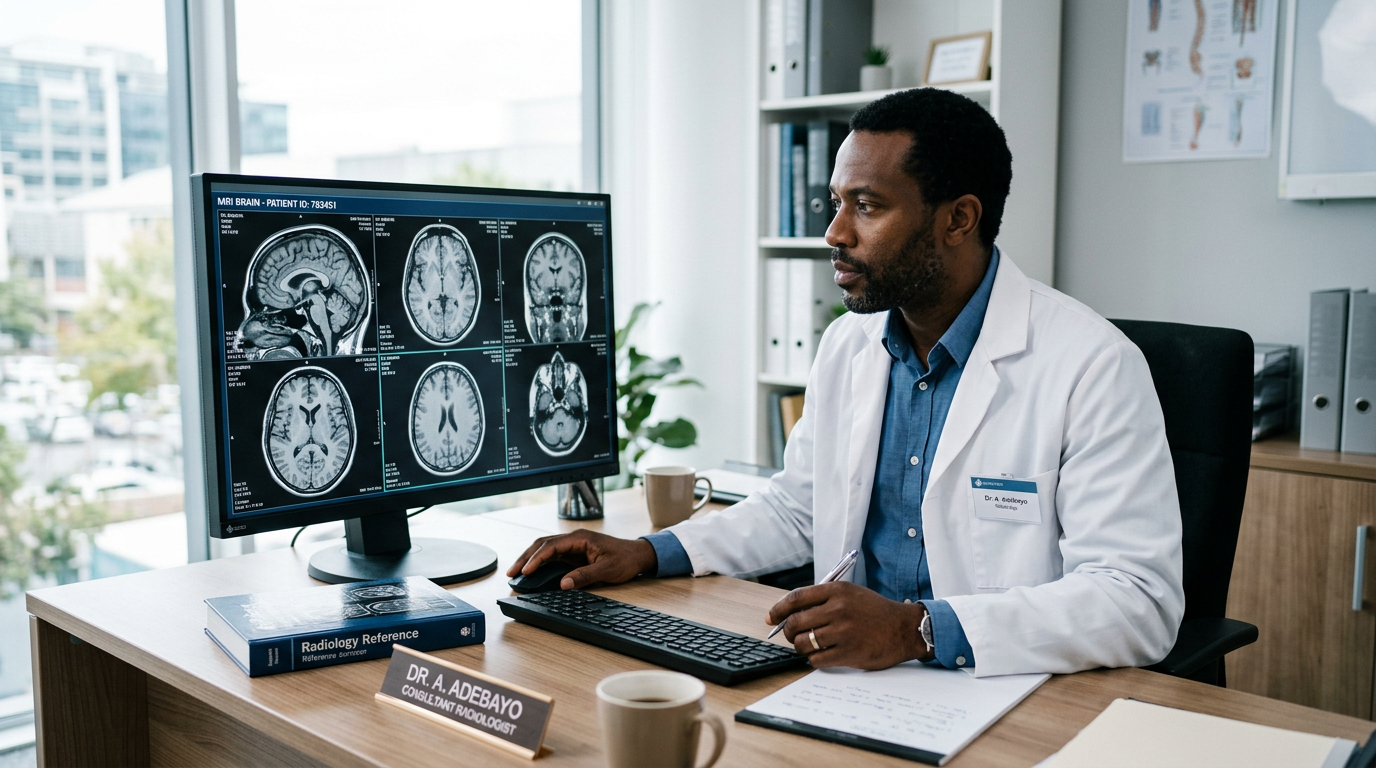 Doctor reviewing medical scans and records